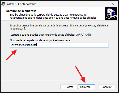 Instalación ContaPortable - Nombre de la carpeta